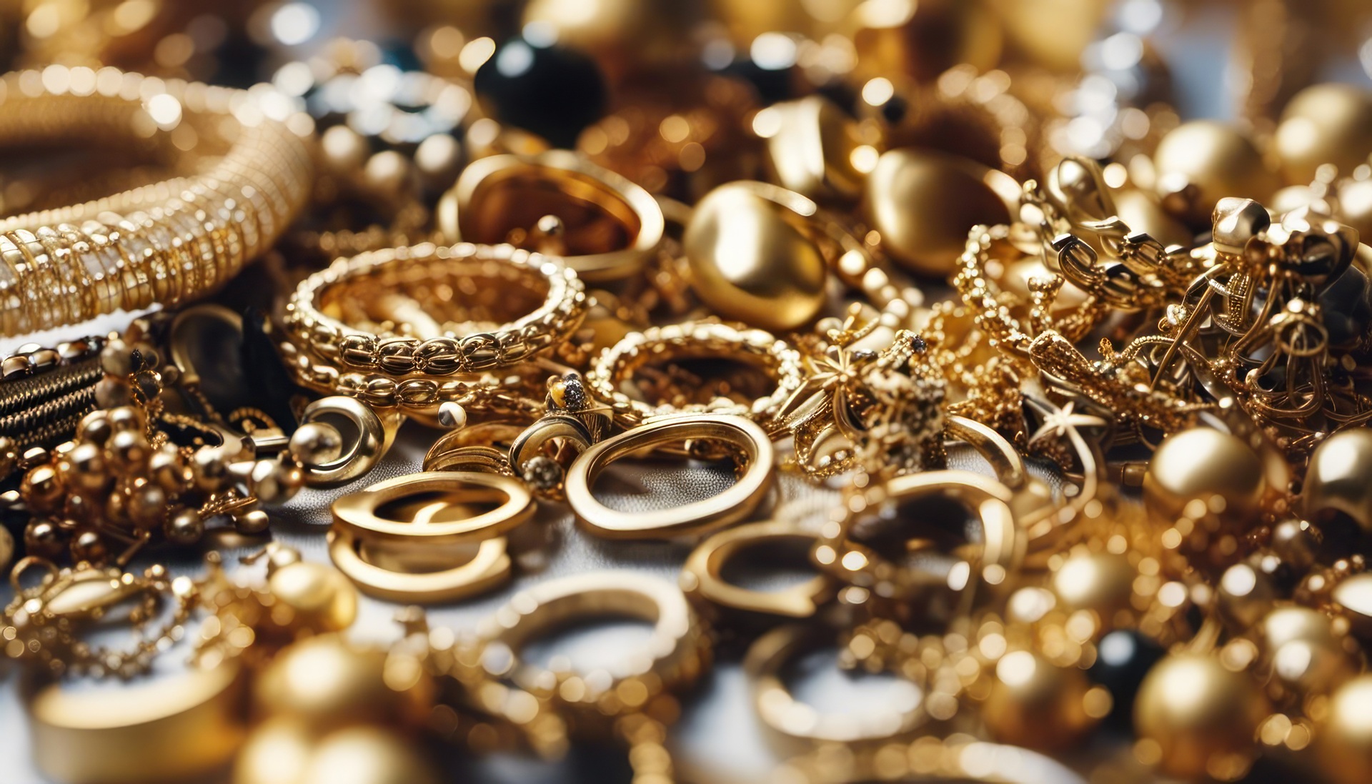 Vielfältiger Goldschmuck auf hellem Untergrund | Eheringe Gold

