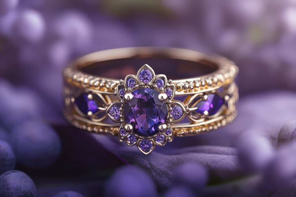 Ornamentierter Ring mit violetten Steinen | Eheringe Gold