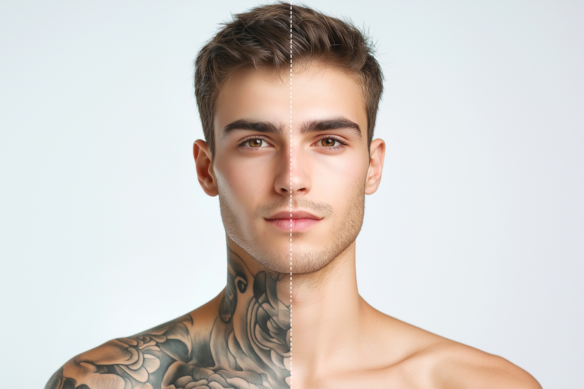 Gesicht mit und ohne Tattoo-Haelfte | Tattooentfernung Düsseldorf

