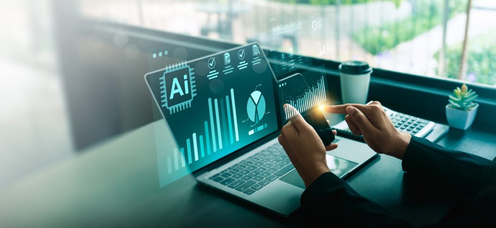 Mensch arbeitet an KI-Dashboard mit digitalen Grafiken | Software für Logistik
