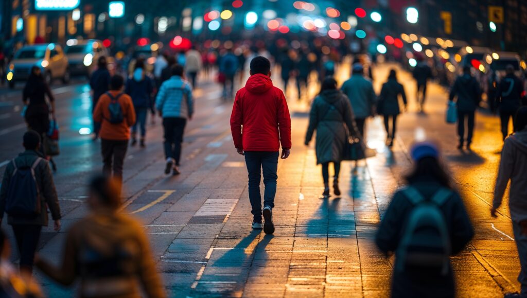 Belebte Fußgängerzone bei Nacht | Drängelgitter