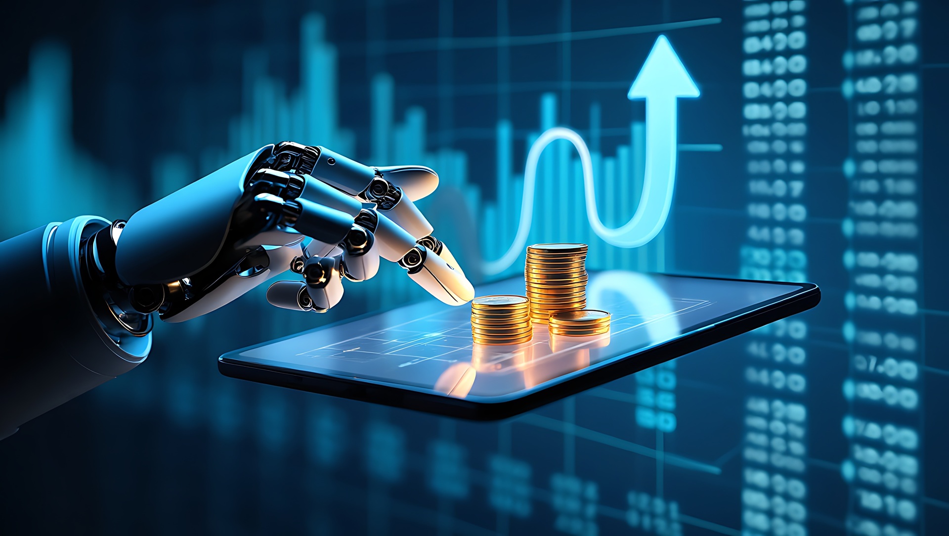 Roboterhand stapelt Münzen auf digitalem Display | Software für Logistik