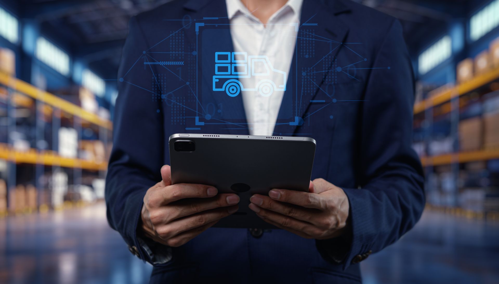 Geschäftsperson mit Tablet in Lagerhalle nutzt digitale Frachtsteuerung und Tracking fuer moderne Spedition Frankfurt